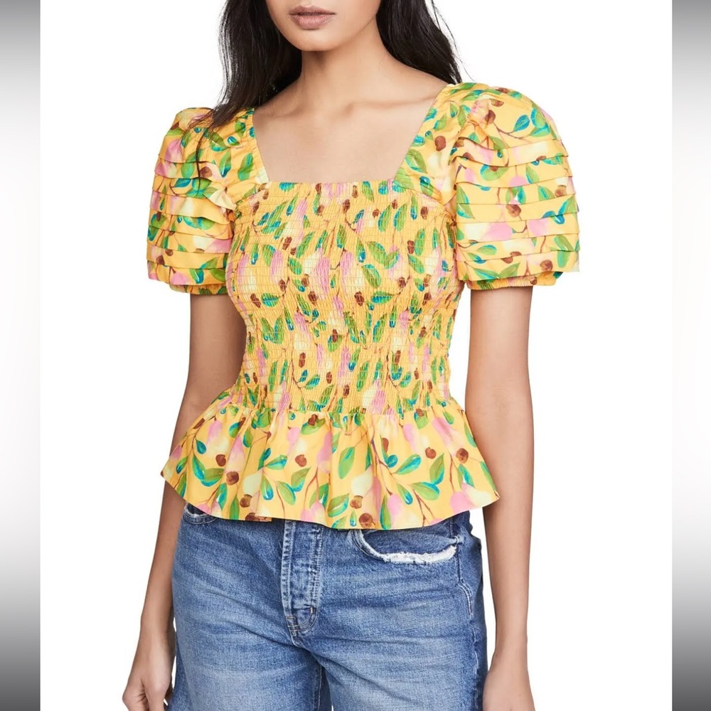 FARM Rio Yellow Floral Puff Sleeve Blouse Mini Cashew